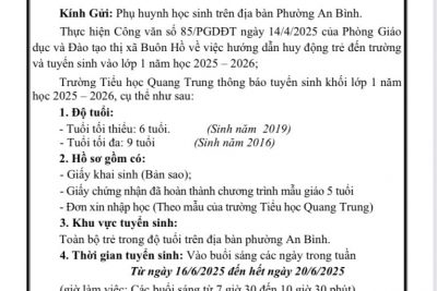 THÔNG BÁO TUYỂN SINH LỚP 1 NĂM HỌC 2025-2026.